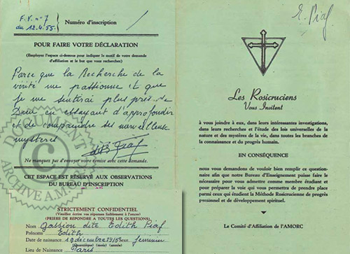 Edith Piaf - Demande d'adhésion à l'A.M.O.R.C.